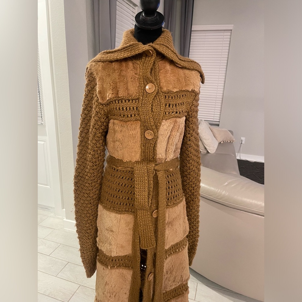 RARE Vintage Y2K Lili rose rabbit fur 100% wool knit patchwork boho belted coat - Picture 3 of 13